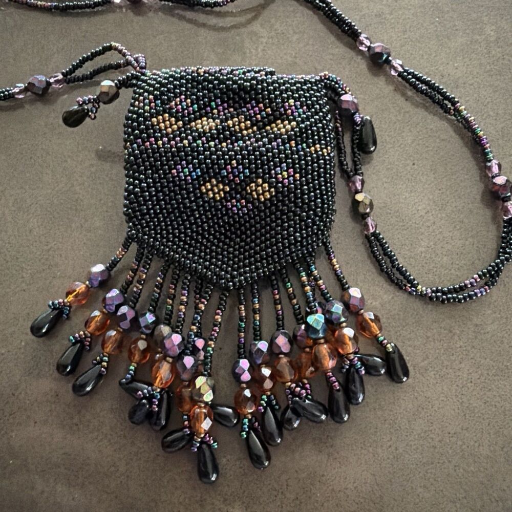 Handmade Black Glass Seed Bead Pouch Necklace, Indigenous/ Hippie Style Vintage - Picture 4 of 4